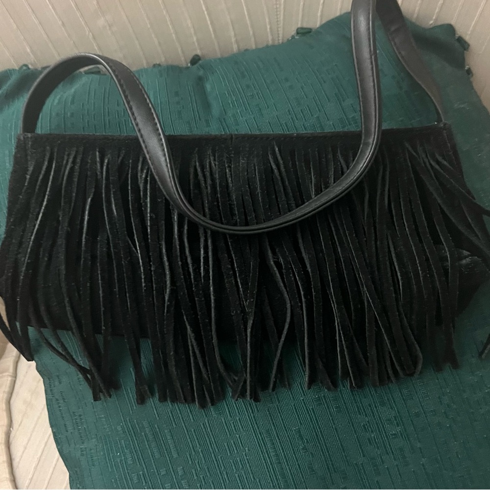 Black Suede Fringe Shoulder Bag